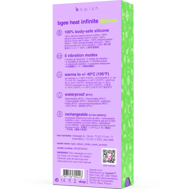 B SWISH - VIBRATEUR RECHARGEABLE BGEE HEAT INFINITE DELUXE LAVANDE SILICONE - Sensualia