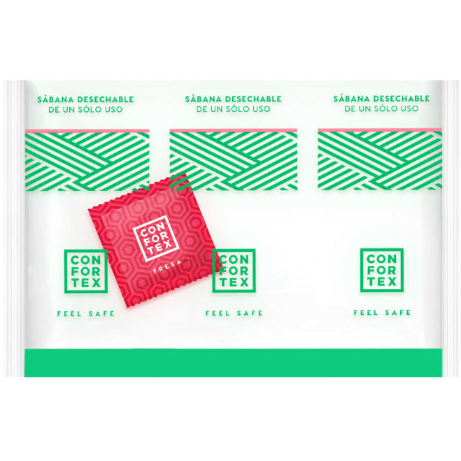 CONFORTEX - FEUILLES HYGIÉNIQUES JETABLES , SAC INDIVIDUEL + CONDOM FRAISE - Sensualia
