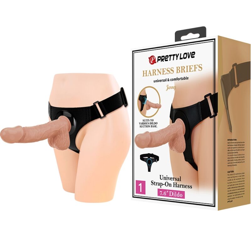 PRETTY LOVE - SLIP HARNAIS HARNAIS UNIVERSEL AVEC GODE JERRY 21,8 CM NATUREL - Sensualia