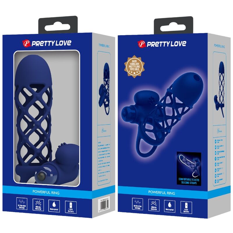 PRETTY LOVE - GIANN ANNEAU VIBRATEUR AVEC GAINE EN SILICONE BLEU - Sensualia