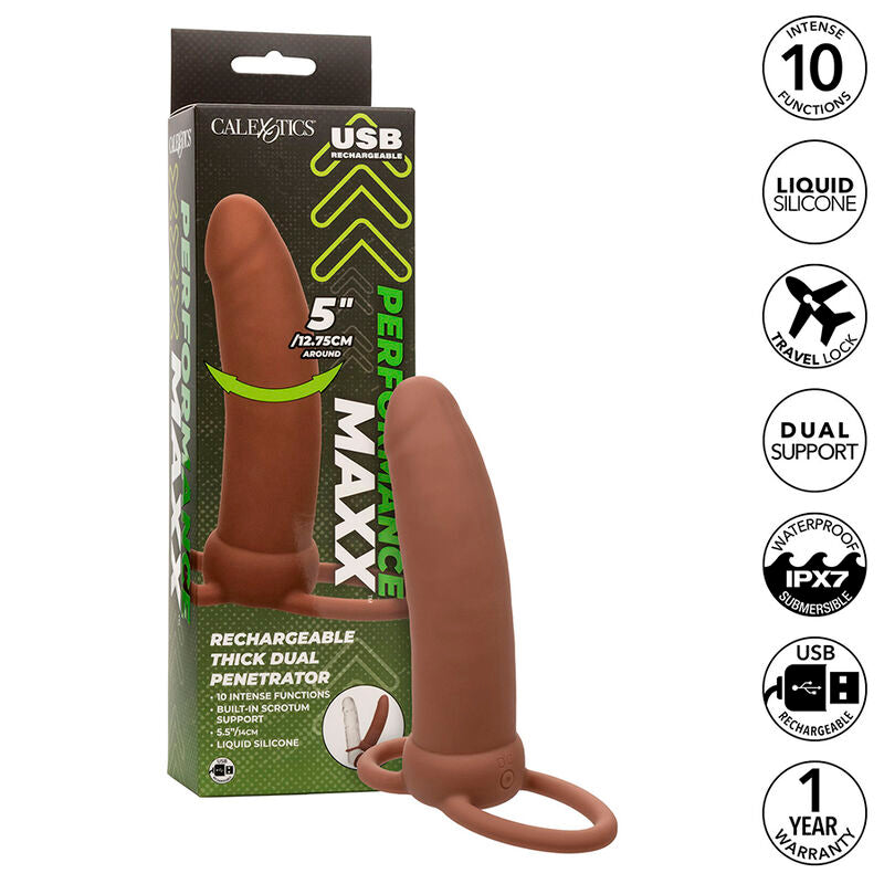 CALEXOTICS - MAXX THICK DOUBLE PÉNÉTRATEUR 10 VIBRATIONS MARRON - Sensualia