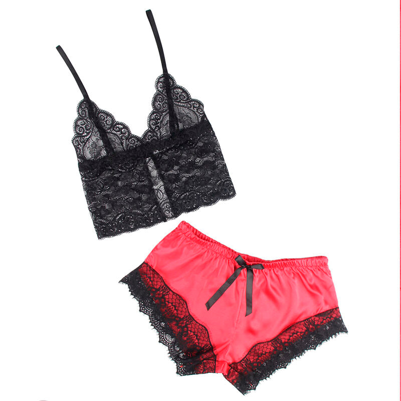 SUBBLIME - 953959 CHEMISE DE NUIT DÉCONTRACTÉE EN SOIE + PANTALON EN DENTELLE NOIR/ROUGE S/M - Sensualia