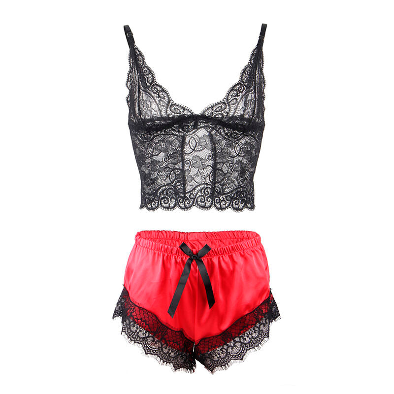 SUBBLIME - 953966 CHEMISE DE NUIT DÉCONTRACTÉE EN SOIE + PANTALON EN DENTELLE NOIR/ROUGE L/XL - Sensualia