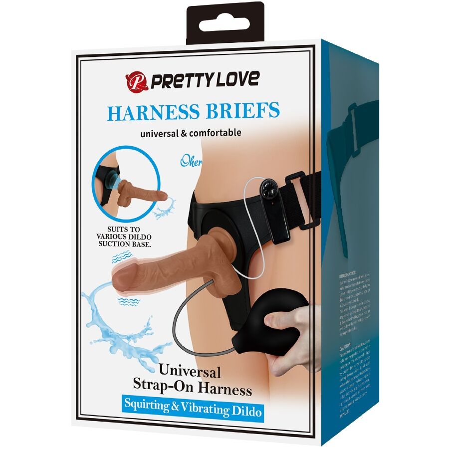 PRETTY LOVE - SLIP HARNAIS UNIVERSEL AVEC GODE VIBRANT ET SQUIRTING 15,5 CM MULATO - Sensualia