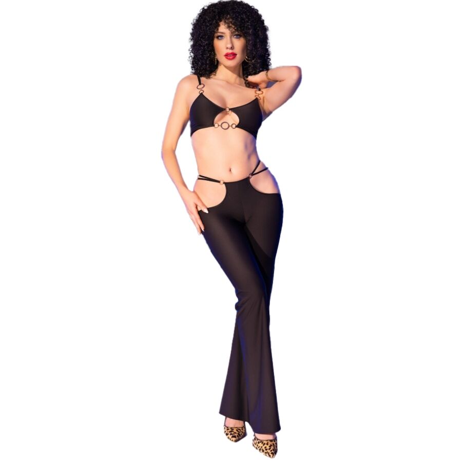 CHILIROSE - CR 4851 SET TOP NEGRO Y LEGGINS CON COMPLEMENTOS DORADOS - Sensualia