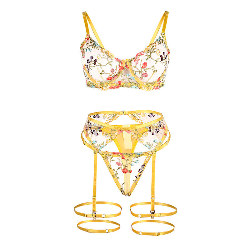 SUBBLIME - 954345 SOUTIEN-GORGE + STRING + PORTE-JARRETELLES MOTIF FLORAL JAUNE S/M - Sensualia