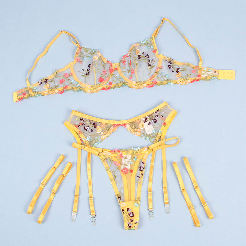 SUBBLIME - 954352 SOUTIEN-GORGE + STRING + PORTE-JARRETELLES MOTIF FLORAL JAUNE L/XL - Sensualia