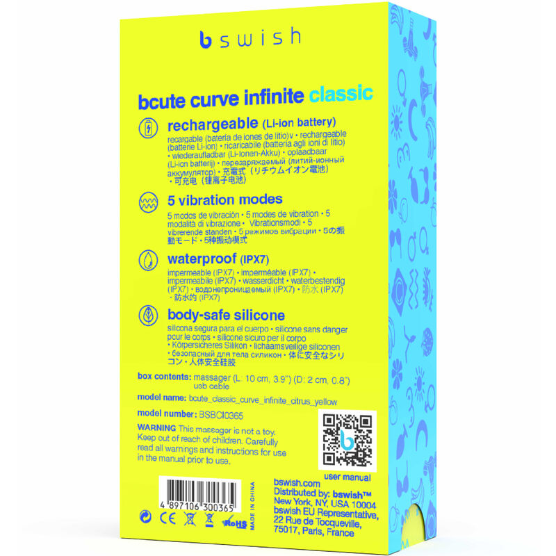 B SWISH - VIBRATEUR EN SILICONE RECHARGEABLE BCUTE CURVE INFINITE CLASSIC JAUNE - Sensualia