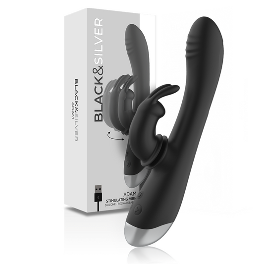 BLACK&SILVER - DJ. STIMULATEUR DE LAPIN RECHARGEABLE EN SILICONE ADAM NOIR - Sensualia