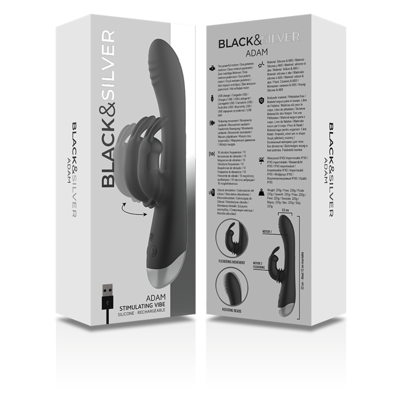 BLACK&SILVER - DJ. STIMULATEUR DE LAPIN RECHARGEABLE EN SILICONE ADAM NOIR - Sensualia