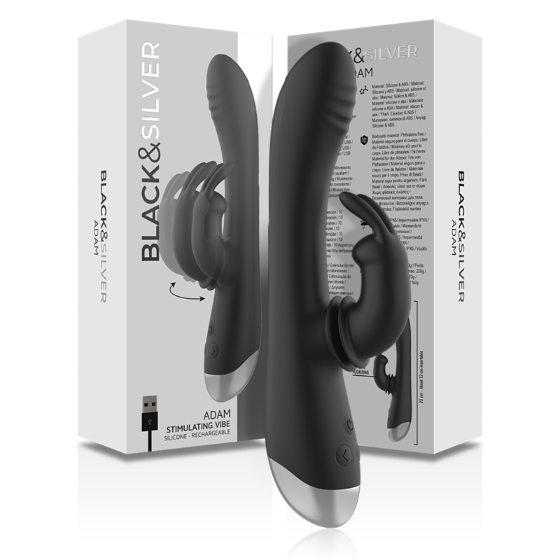 BLACK&SILVER - DJ. STIMULATEUR DE LAPIN RECHARGEABLE EN SILICONE ADAM NOIR - Sensualia