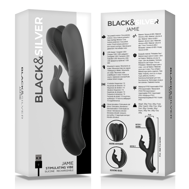 BLACK&SILVER - STIMULATEUR DE LAPIN EN SILICONE RECHARGEABLE JAMIE NOIR - Sensualia