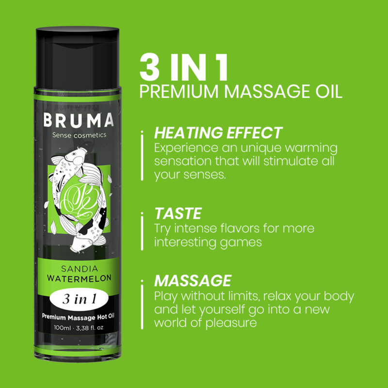 BRUMA - HUILE DE MASSAGE PREMIUM EFFET CHALEUR SAVEUR DE PASTÈQUE 3 EN 1 - 100 ML - Sensualia