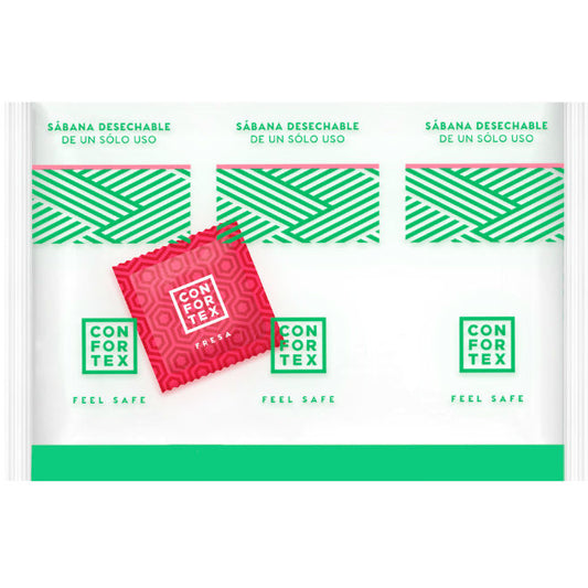 CONFORTEX - FEUILLES HYGIÉNIQUES JETABLES , SAC INDIVIDUEL + CONDOM FRAISE - Sensualia
