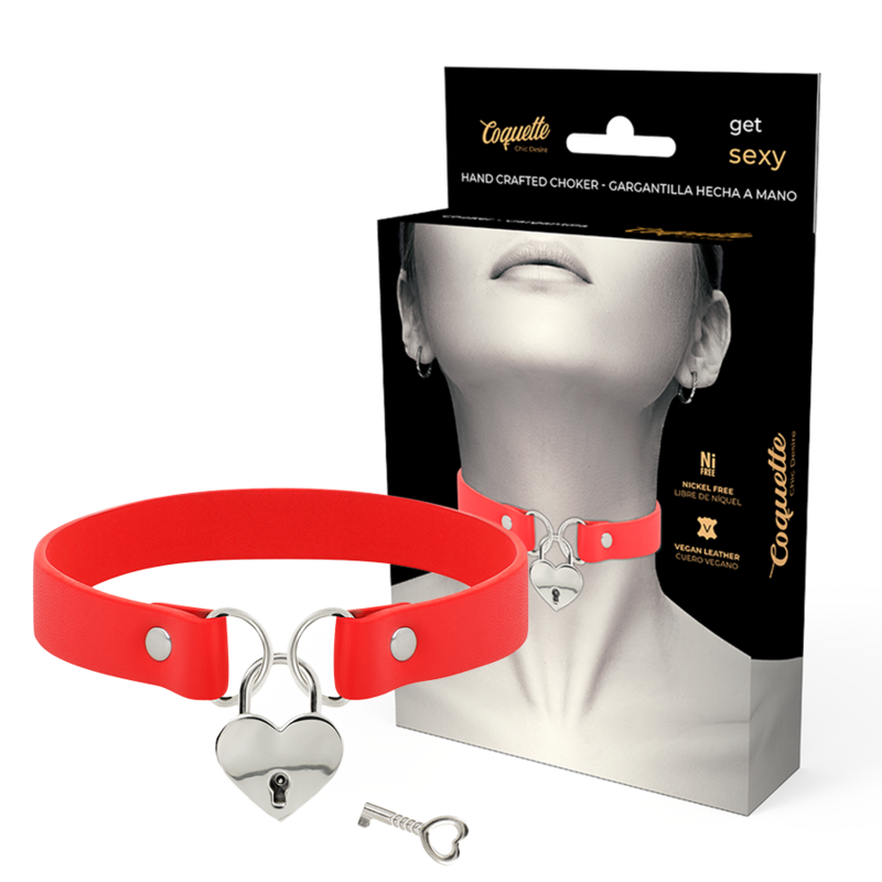 COQUETTE CHIC DESIRE - COLLIER EN CUIR VEGAN ROUGE AVEC ACCESSOIRE COEUR AVEC CL? - Sensualia