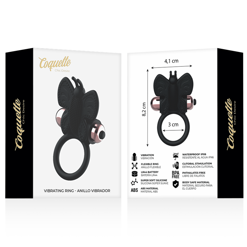 COQUETTE CHIC DESIRE - COCKRING PAPILLON AVEC VIBRATEUR NOIR/ OR - Sensualia