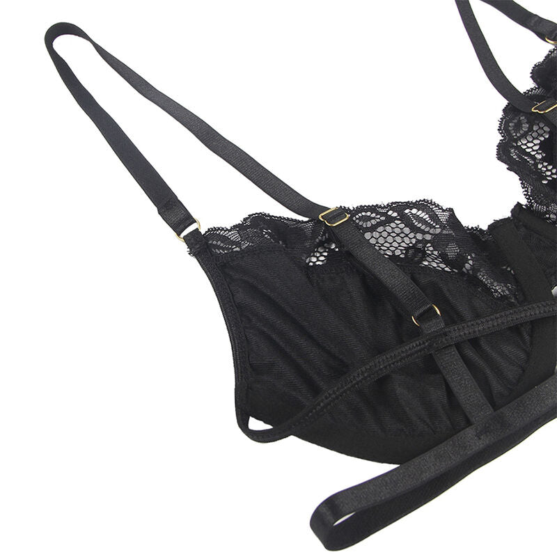 SUBBLIME - SET DE 3 PIEZAS SUJETADOR + TANGA + LIGA ENCAJE NEGRO S/M - Sensualia