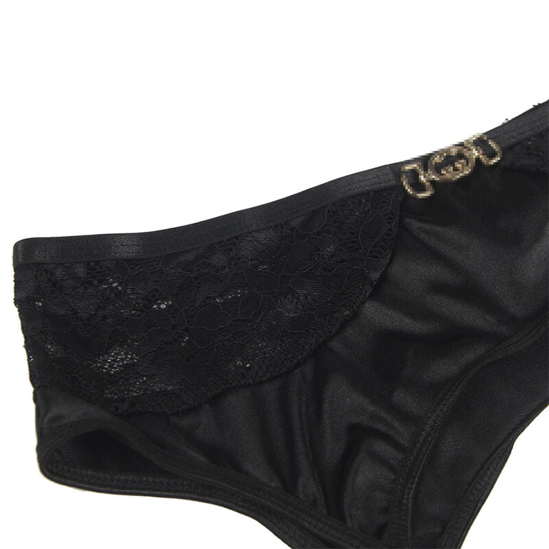 SUBBLIME - SET DE 3 PIEZAS SUJETADOR + TANGA + LIGA ENCAJE NEGRO S/M - Sensualia