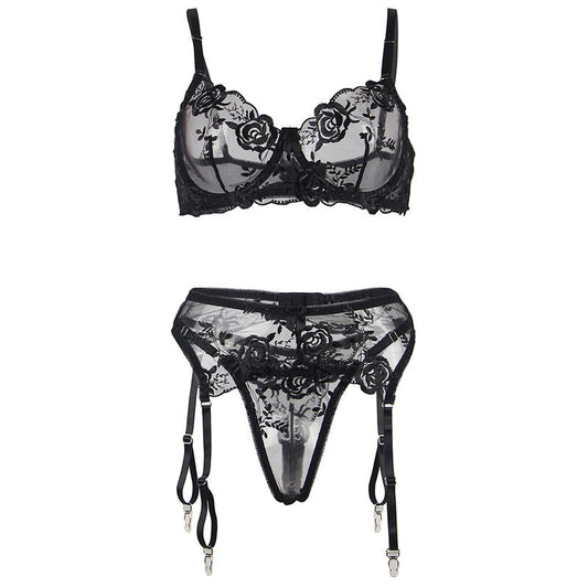 SUBBLIME - SET DE 3 PIEZAS SUJETADOR + TANGA + LIGA ESTAMPADO FLORAL NEGRO S/M - Sensualia