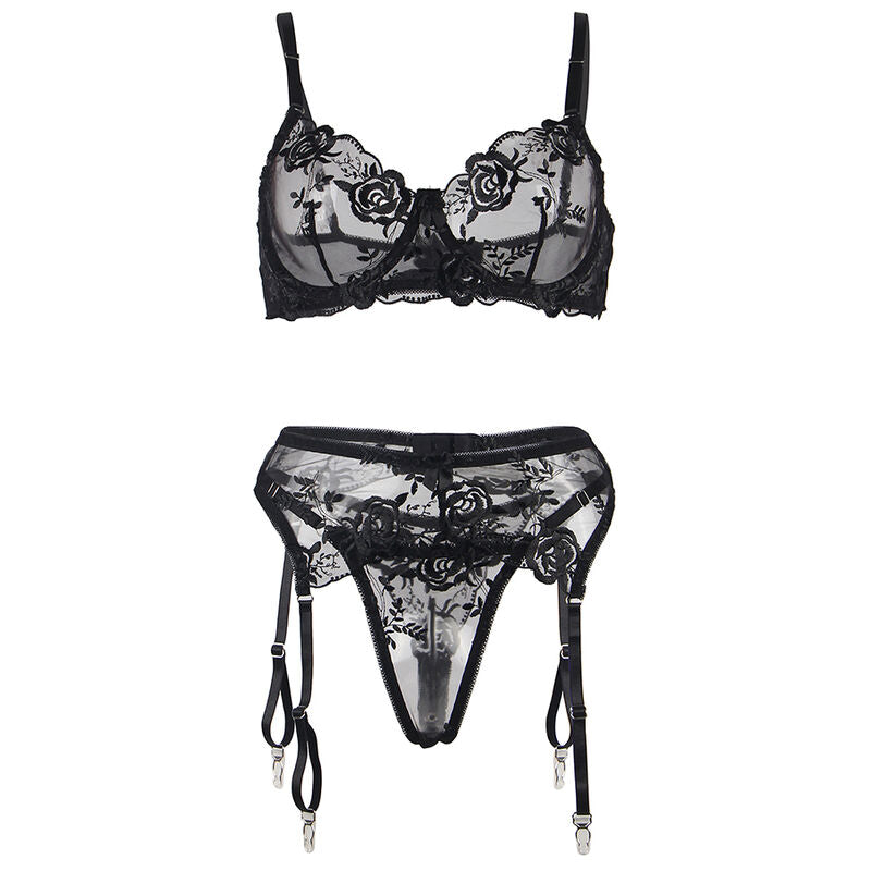SUBBLIME - SET DE 3 PIEZAS SUJETADOR + TANGA + LIGA ESTAMPADO FLORAL NEGRO S/M - Sensualia