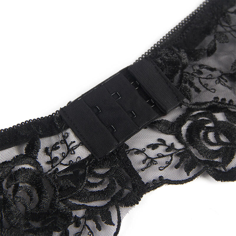 SUBBLIME - SET DE 3 PIEZAS SUJETADOR + TANGA + LIGA ESTAMPADO FLORAL NEGRO S/M - Sensualia