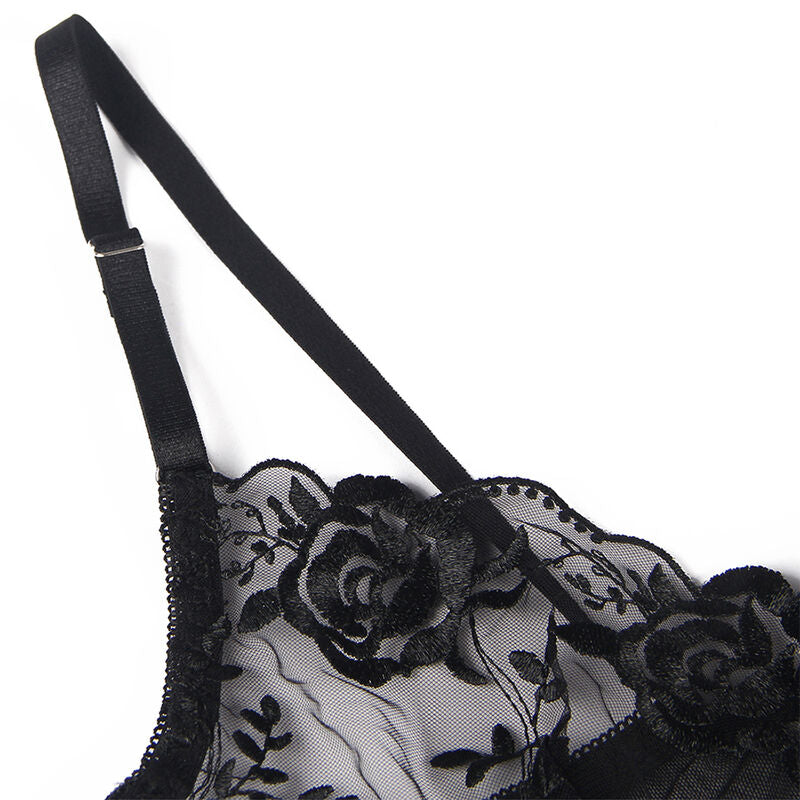 SUBBLIME - SET DE 3 PIEZAS SUJETADOR + TANGA + LIGA ESTAMPADO FLORAL NEGRO S/M - Sensualia