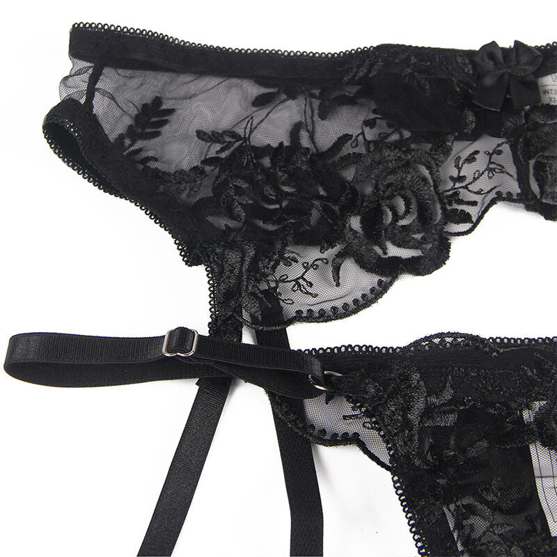SUBBLIME - SET DE 3 PIEZAS SUJETADOR + TANGA + LIGA ESTAMPADO FLORAL NEGRO S/M - Sensualia