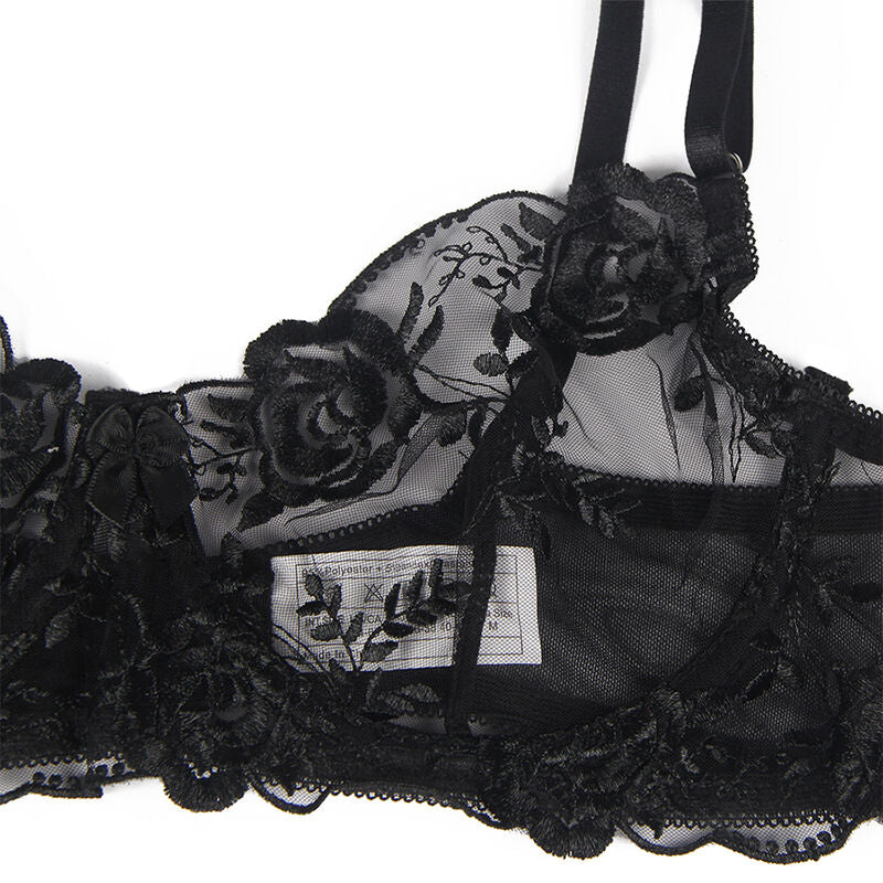 SUBBLIME - SET DE 3 PIEZAS SUJETADOR + TANGA + LIGA ESTAMPADO FLORAL NEGRO S/M - Sensualia