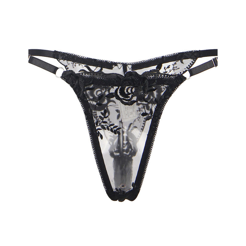 SUBBLIME - SET DE 3 PIEZAS SUJETADOR + TANGA + LIGA ESTAMPADO FLORAL NEGRO S/M - Sensualia