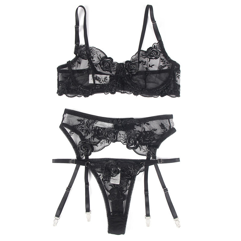 SUBBLIME - SET DE 3 PIEZAS SUJETADOR + TANGA + LIGA ESTAMPADO FLORAL NEGRO S/M - Sensualia