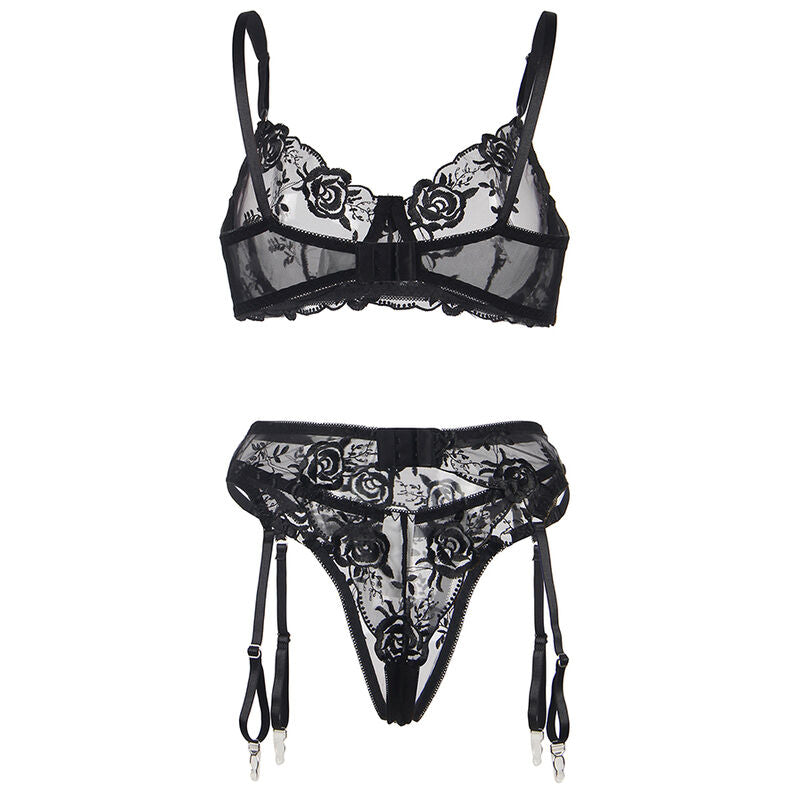 SUBBLIME - SET DE 3 PIEZAS SUJETADOR + TANGA + LIGA ESTAMPADO FLORAL NEGRO S/M - Sensualia