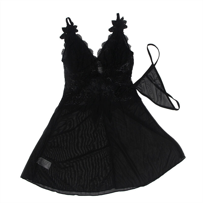 SUBBLIME - BABYDOLL TELA DE TUL DETALLE ENCAJE Y FLOR NEGRO S/M - Sensualia
