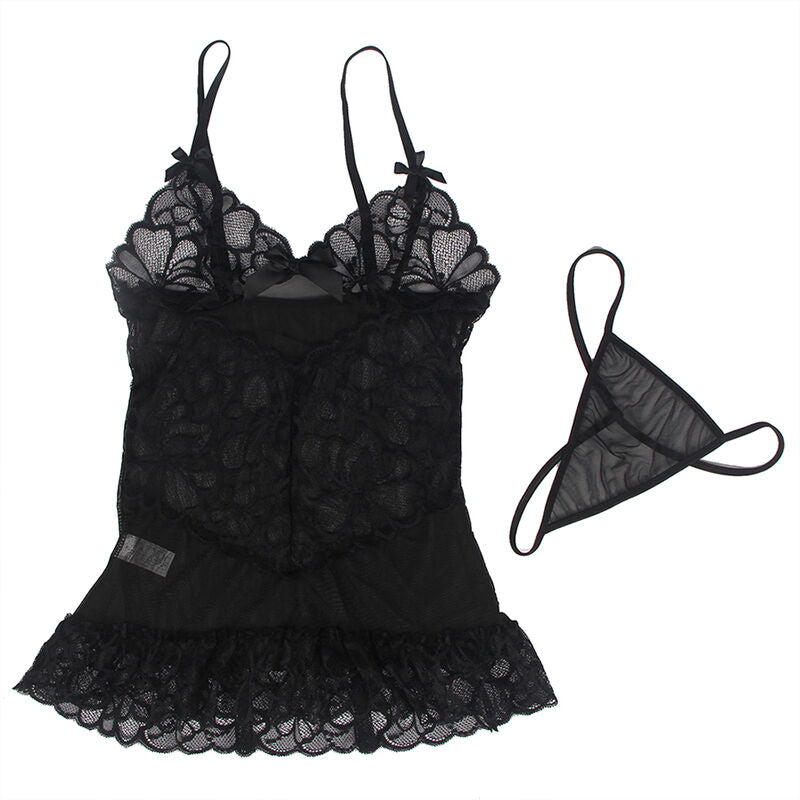 SUBBLIME - BABYDOLL CON TIRANTES AJUSTABLES Y ESTAMPADO FLORAL DE ENCAJE TRANSPARENTE NEGRO S/M - Sensualia