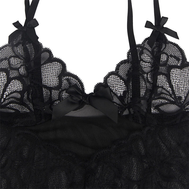SUBBLIME - BABYDOLL CON TIRANTES AJUSTABLES Y ESTAMPADO FLORAL DE ENCAJE TRANSPARENTE NEGRO S/M - Sensualia
