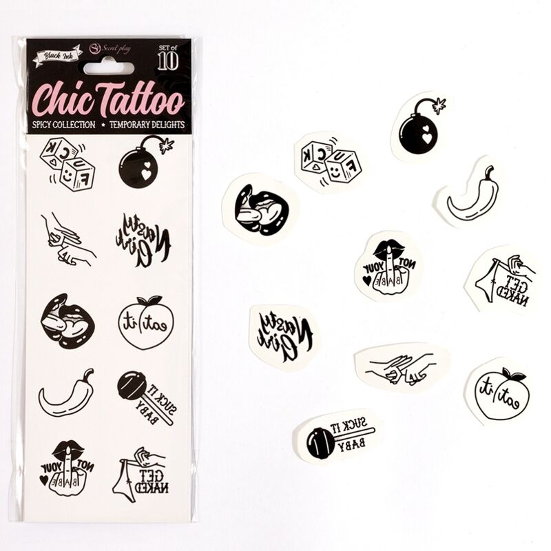 SECRET PLAY - LOT DE 10 TATOUAGES TEMPORAIRES SPICY COLLECTION - Sensualia