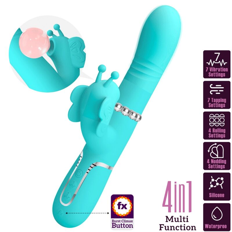 PRETTY LOVE - VIBRATEUR MULTIFONCTION LAPIN 4 EN 1 PAPILLON AQUA VERT - Sensualia