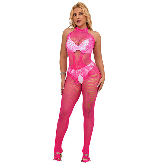 SUBBLIME - 952389 BODYSTOCKING RÉSILLE ET DENTELLE SANS FOURRURE AVEC COL MONTANT ROSE TAILLE UNIQUE - Sensualia
