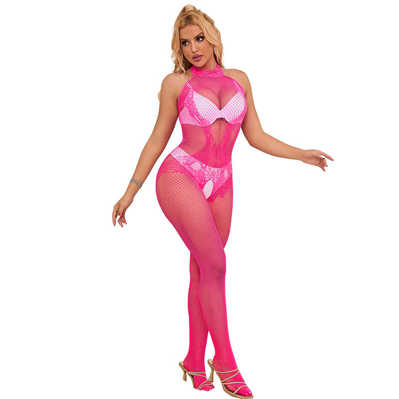 SUBBLIME - 952389 BODYSTOCKING RÉSILLE ET DENTELLE SANS FOURRURE AVEC COL MONTANT ROSE TAILLE UNIQUE - Sensualia