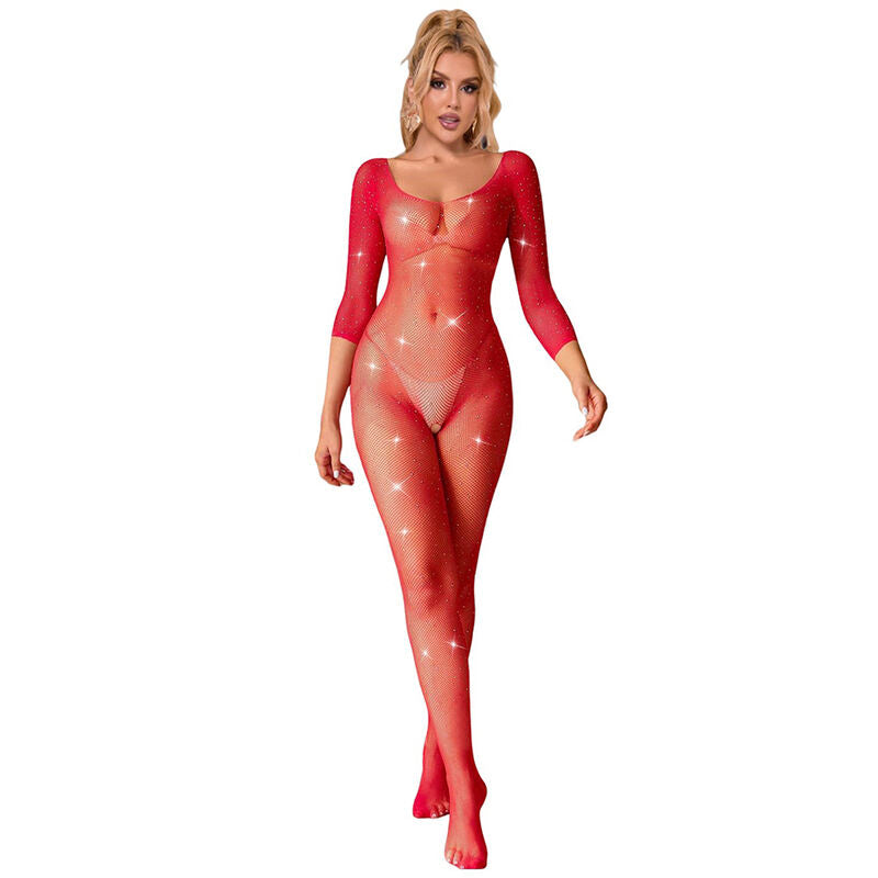 SUBBLIME - 952419 BODYSTOCKING RESILLE AVEC LOSANGES MANCHES LONGUES ROUGE TAILLE UNIQUE - Sensualia