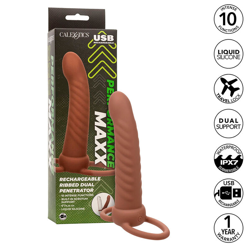 CALEXOTICS - MAXX RIBBED DOUBLE PÉNÉTRATEUR 10 VIBRATIONS MARRON - Sensualia