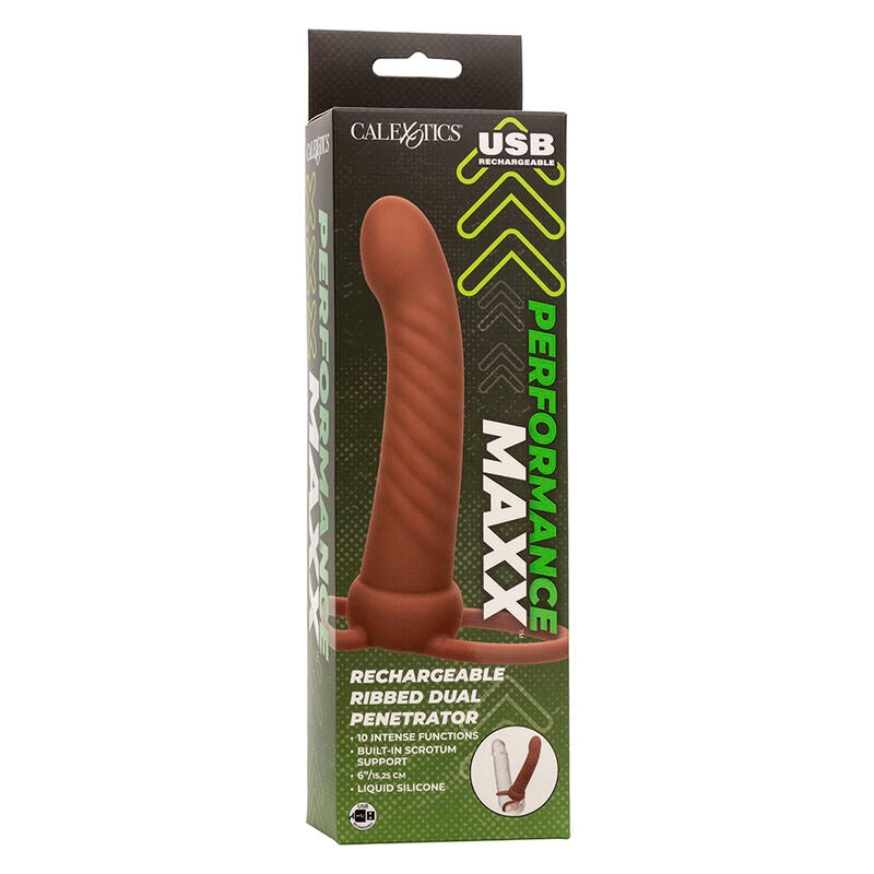 CALEXOTICS - MAXX RIBBED DOUBLE PÉNÉTRATEUR 10 VIBRATIONS MARRON - Sensualia