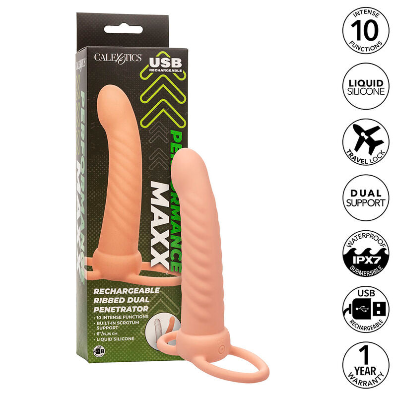 CALEXOTICS - MAXX DOUBLE PÉNÉTRATEUR NERVURÉ 10 VIBRATIONS FLESH - Sensualia