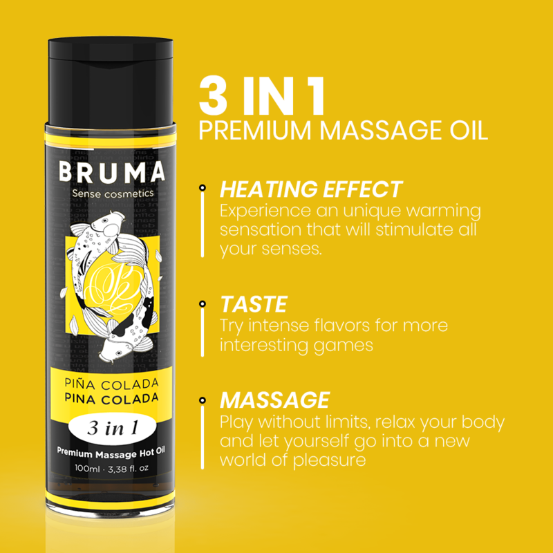 BRUMA - HUILE DE MASSAGE PREMIUM EFFET CHALEUR SAVEUR PINA COLADA 3 EN 1 - 100 ML BRUMA