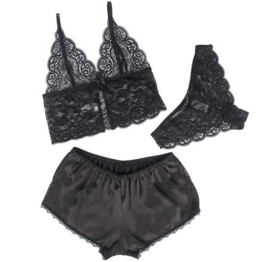 SUBBLIME - 953911 CHEMISIER DE NUIT EN SOIE ET DENTELLE + CULOTTE NOIRE S/M - Sensualia