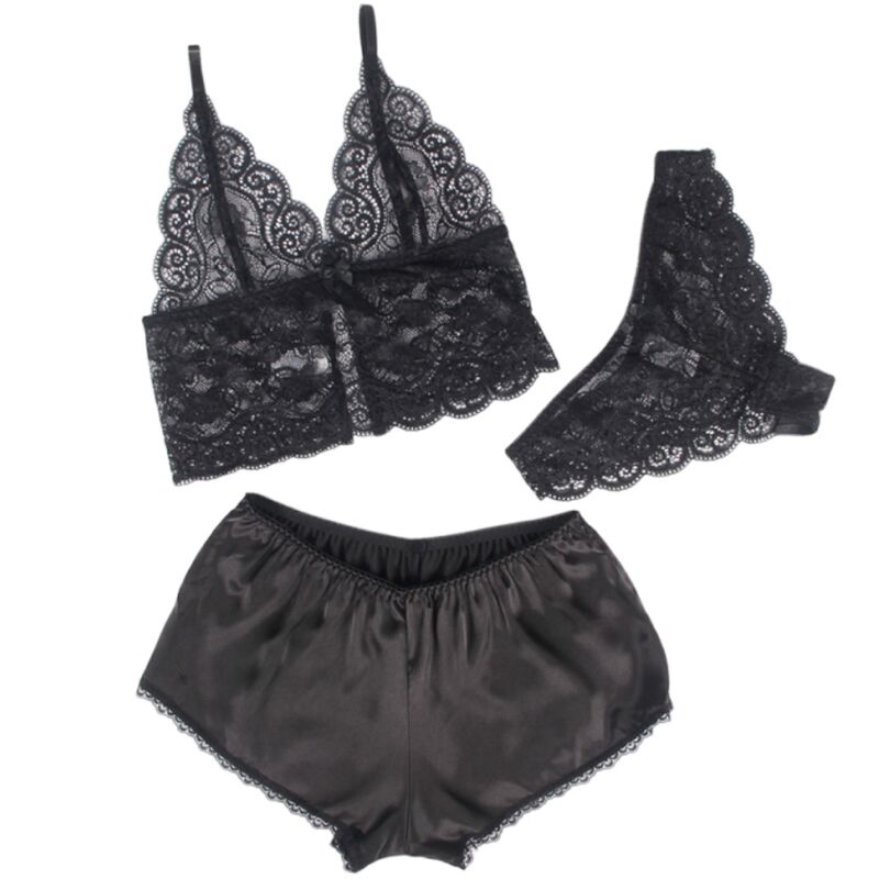 SUBBLIME - 953911 CHEMISIER DE NUIT EN SOIE ET DENTELLE + CULOTTE NOIRE S/M - Sensualia