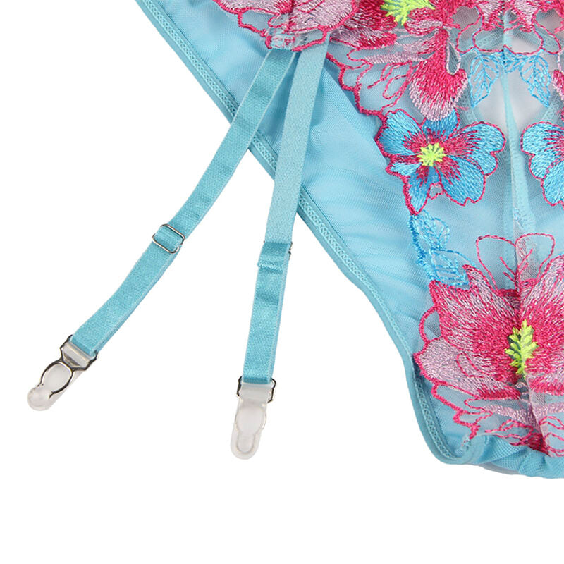 SUBBLIME - 954116 SOUTIEN-GORGE + CULOTTE AVEC PORTE-JARRETELLES MOTIF FLORAL BLEU L/XL - Sensualia