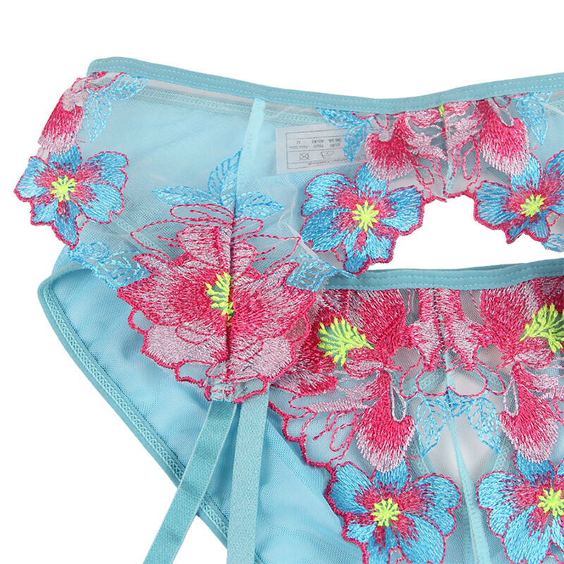 SUBBLIME - 954116 SOUTIEN-GORGE + CULOTTE AVEC PORTE-JARRETELLES MOTIF FLORAL BLEU L/XL - Sensualia