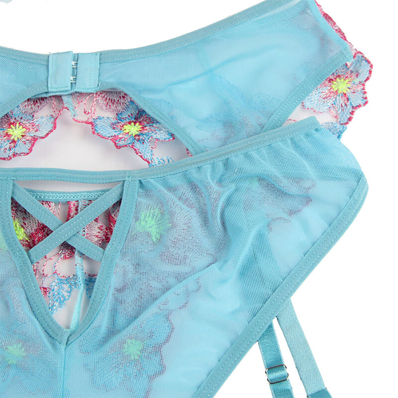 SUBBLIME - 954116 SOUTIEN-GORGE + CULOTTE AVEC PORTE-JARRETELLES MOTIF FLORAL BLEU L/XL - Sensualia