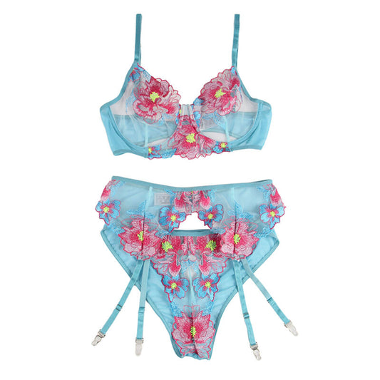 SUBBLIME - 954116 SOUTIEN-GORGE + CULOTTE AVEC PORTE-JARRETELLES MOTIF FLORAL BLEU L/XL - Sensualia