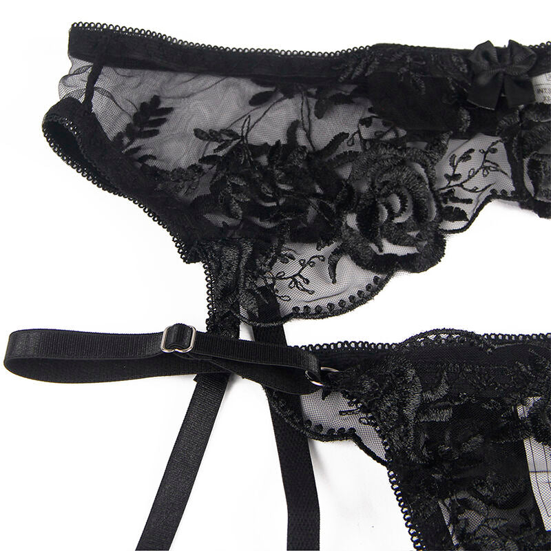 SUBBLIME - 945237 SOUTIEN-GORGE + CULOTTE AVEC PORTE-JARRETELLES MOTIF FLORAL NOIR S/M - Sensualia